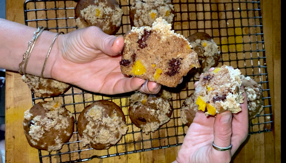 Chocolate Mango Vinegar Sourdough Muffins